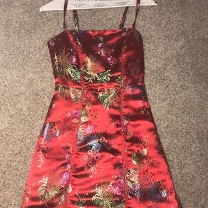 Satin jacquard straight neck dress